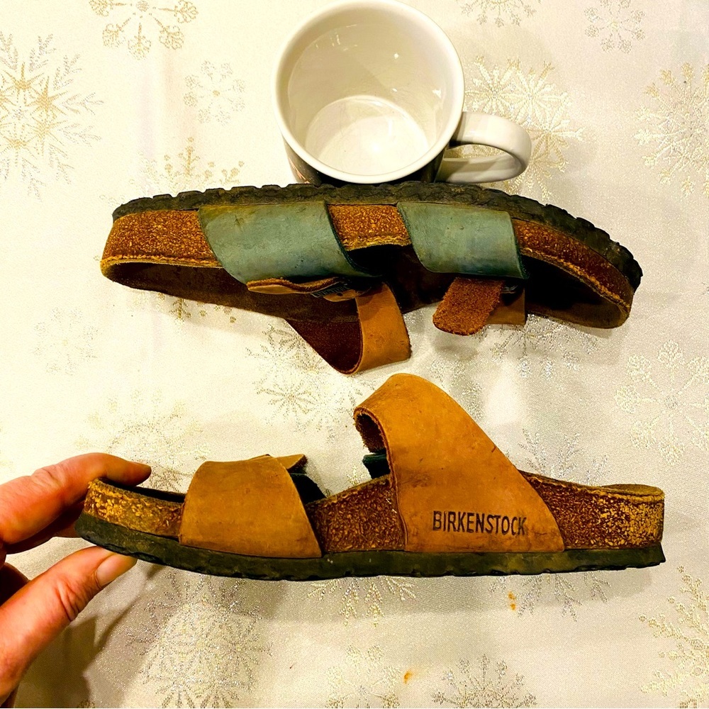 Birkenstock Arizona 2 strap buckle 2-tone brown green leather sandals EU37    WH - Picture 2 of 6